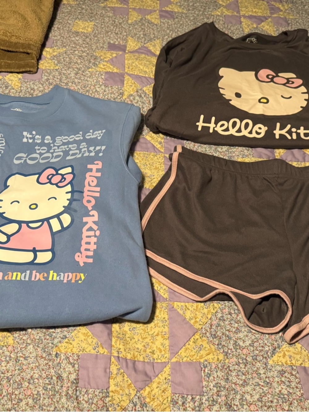 Hello Kitty Brown Shorts & Blue Graphic Top Set with Pink Accents